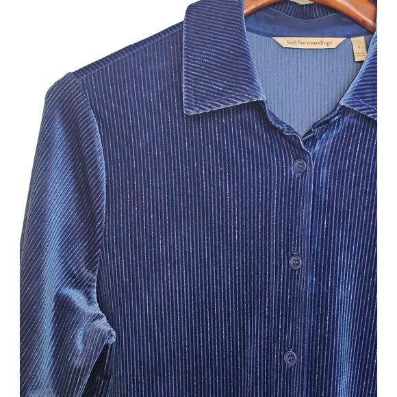 Soft Surroundings Sapphire Blue Velvet Striped Boyfriend Button Up Tunic - Picture 3 of 5